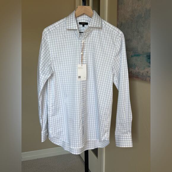 Quince Men’s Organic Cotton Stretch Twill Dress Shirt Light Blue Check Small - Picture 2 of 7